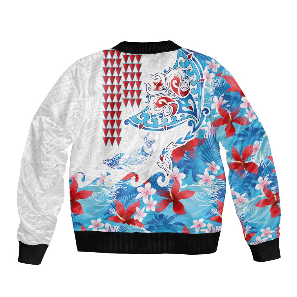 Hawaiian Tribal Manta Ray Bomber Jacket Kakau Tattoo and Flowers Surfing Waves Pattern Ocean Color