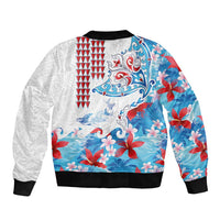 Hawaiian Tribal Manta Ray Bomber Jacket Kakau Tattoo and Flowers Surfing Waves Pattern Ocean Color