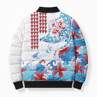 Hawaiian Tribal Manta Ray Bomber Puffer Jacket Kakau Tattoo and Flowers Surfing Waves Pattern Ocean Color LT03 - Polynesian Pride