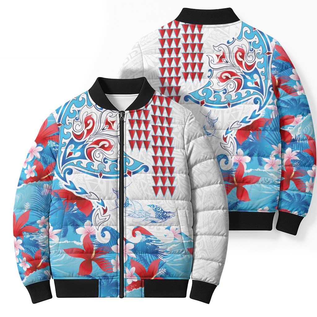 Hawaiian Tribal Manta Ray Bomber Puffer Jacket Kakau Tattoo and Flowers Surfing Waves Pattern Ocean Color LT03 - Polynesian Pride