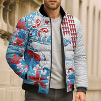 Hawaiian Tribal Manta Ray Bomber Puffer Jacket Kakau Tattoo and Flowers Surfing Waves Pattern Ocean Color LT03 - Polynesian Pride