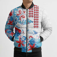 Hawaiian Tribal Manta Ray Bomber Puffer Jacket Kakau Tattoo and Flowers Surfing Waves Pattern Ocean Color LT03 - Polynesian Pride