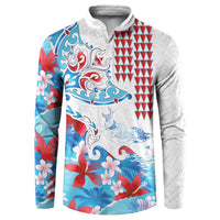 Hawaiian Tribal Manta Ray Button Sweatshirt Kakau Tattoo and Flowers Surfing Waves Pattern Ocean Color LT03 Multicolor - Polynesian Pride