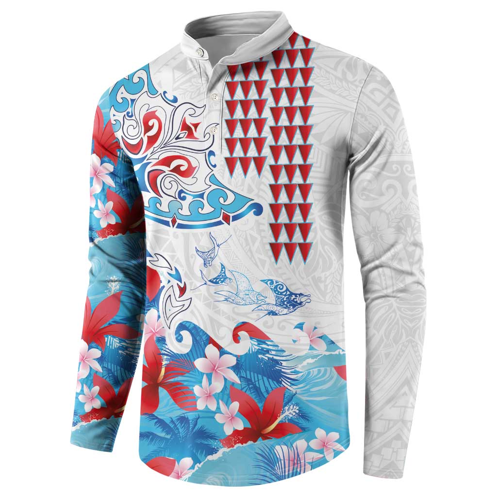 Hawaiian Tribal Manta Ray Button Sweatshirt Kakau Tattoo and Flowers Surfing Waves Pattern Ocean Color LT03 - Polynesian Pride