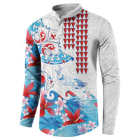 Hawaiian Tribal Manta Ray Button Sweatshirt Kakau Tattoo and Flowers Surfing Waves Pattern Ocean Color LT03 - Polynesian Pride
