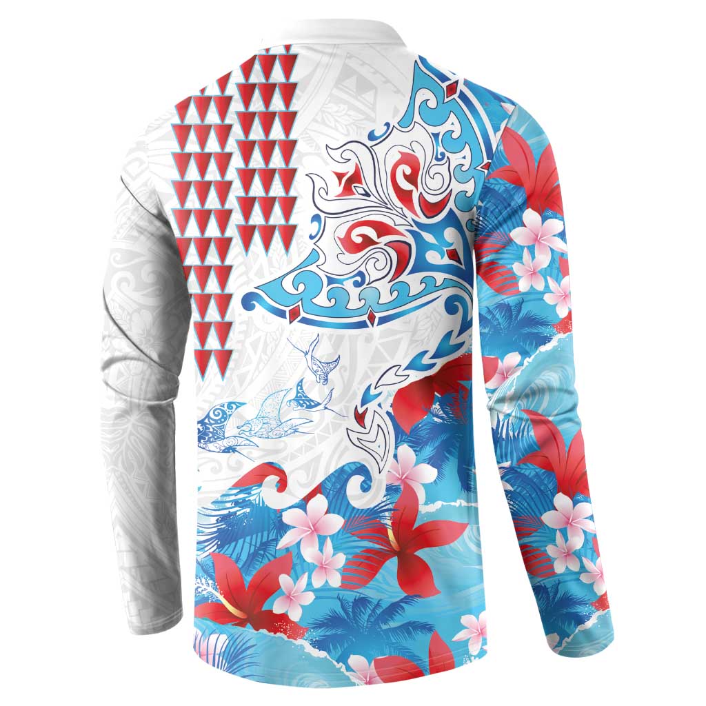 Hawaiian Tribal Manta Ray Button Sweatshirt Kakau Tattoo and Flowers Surfing Waves Pattern Ocean Color LT03 - Polynesian Pride