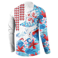 Hawaiian Tribal Manta Ray Button Sweatshirt Kakau Tattoo and Flowers Surfing Waves Pattern Ocean Color LT03 - Polynesian Pride