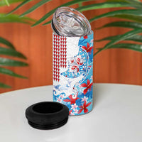 Hawaiian Tribal Manta Ray 4 in 1 Can Cooler Tumbler Kakau Tattoo and Flowers Surfing Waves Pattern Ocean Color