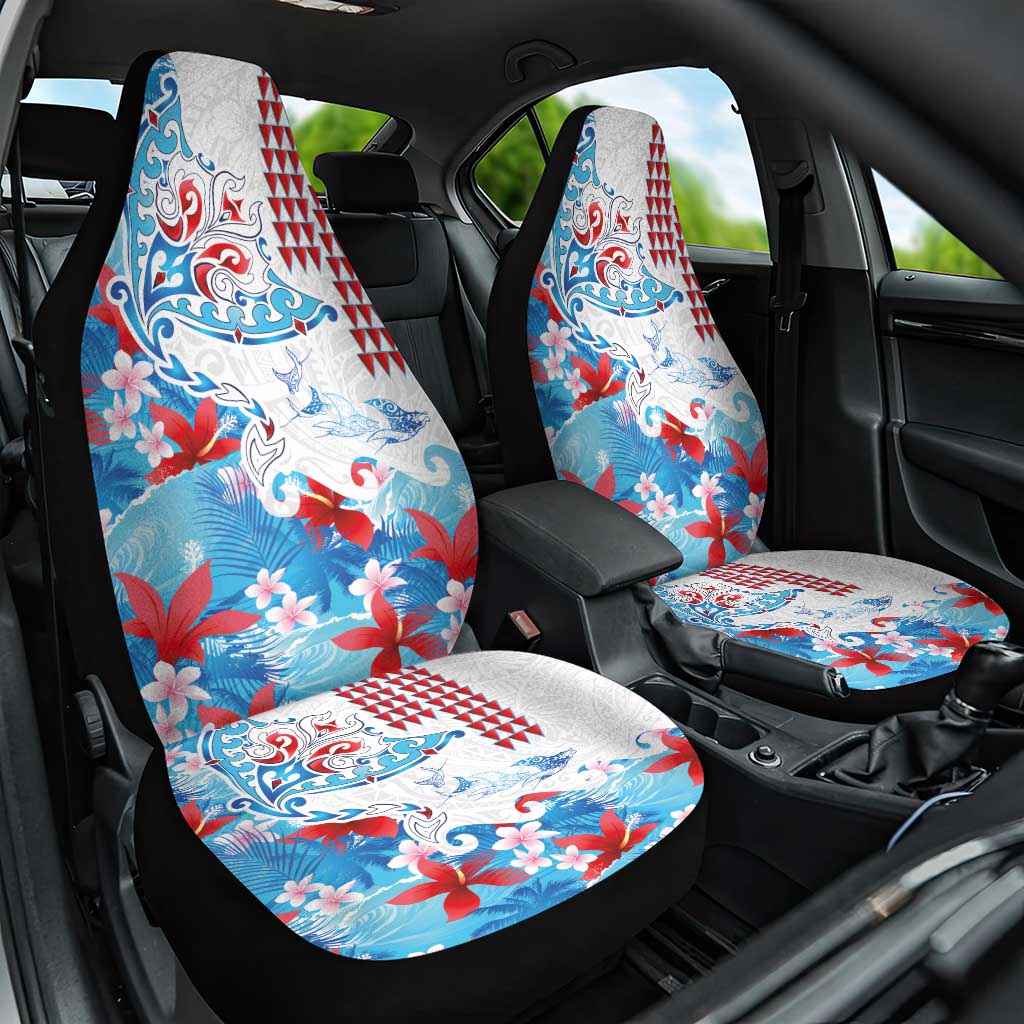 Hawaiian Tribal Manta Ray Car Seat Cover Kakau Tattoo and Flowers Surfing Waves Pattern Ocean Color LT03 One Size Multicolor - Polynesian Pride