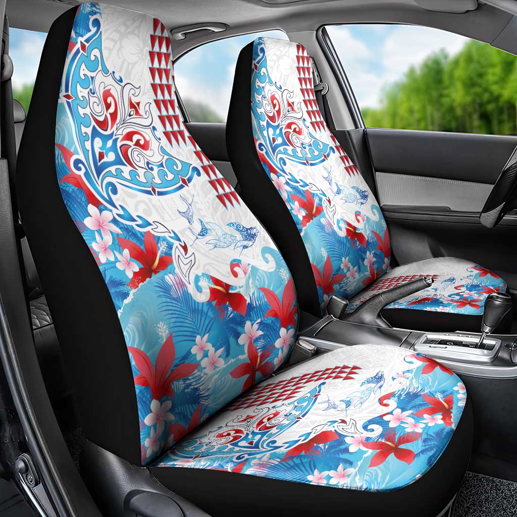 Hawaiian Tribal Manta Ray Car Seat Cover Kakau Tattoo and Flowers Surfing Waves Pattern Ocean Color