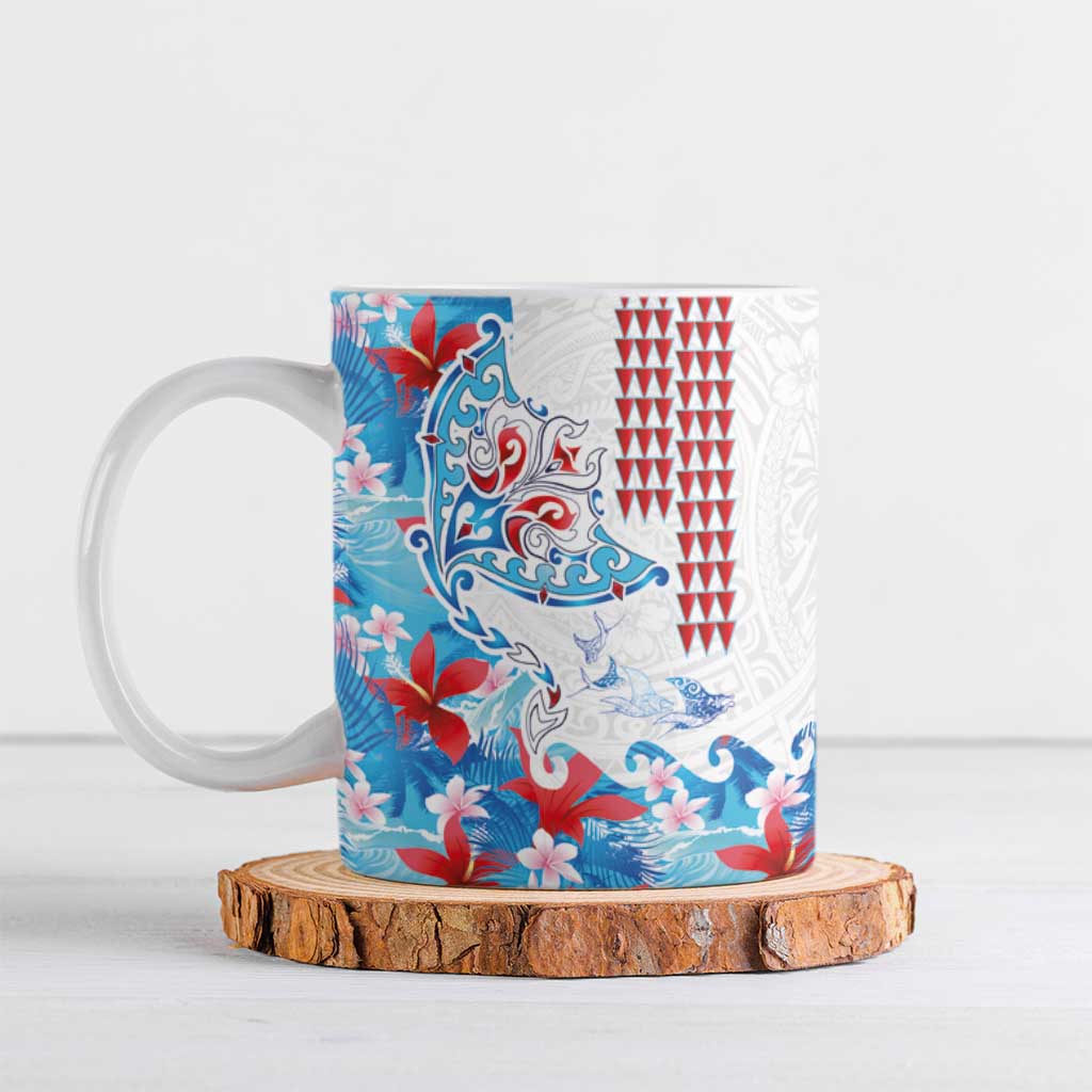 Hawaiian Tribal Manta Ray Ceramic Mug Kakau Tattoo and Flowers Surfing Waves Pattern Ocean Color LT03 Multicolor - Polynesian Pride