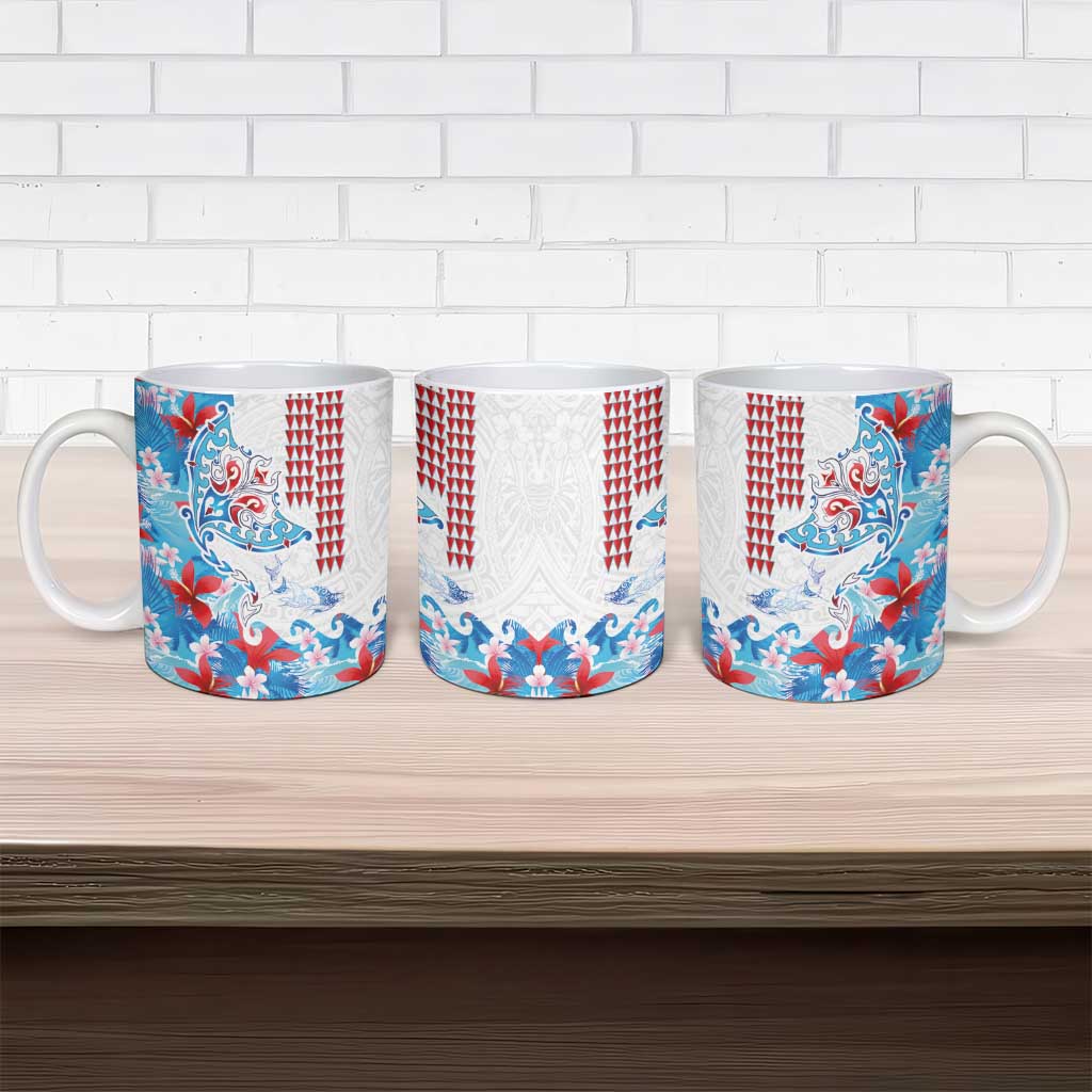 Hawaiian Tribal Manta Ray Ceramic Mug Kakau Tattoo and Flowers Surfing Waves Pattern Ocean Color LT03 - Polynesian Pride