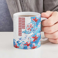 Hawaiian Tribal Manta Ray Ceramic Mug Kakau Tattoo and Flowers Surfing Waves Pattern Ocean Color LT03 - Polynesian Pride