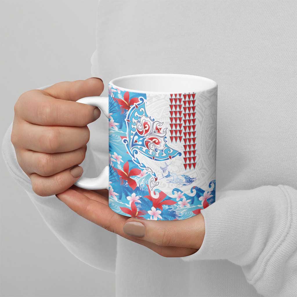 Hawaiian Tribal Manta Ray Ceramic Mug Kakau Tattoo and Flowers Surfing Waves Pattern Ocean Color LT03 - Polynesian Pride
