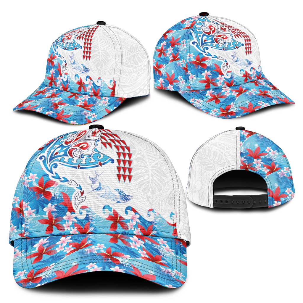 Hawaiian Tribal Manta Ray Classic Cap Kakau Tattoo and Flowers Surfing Waves Pattern Ocean Color