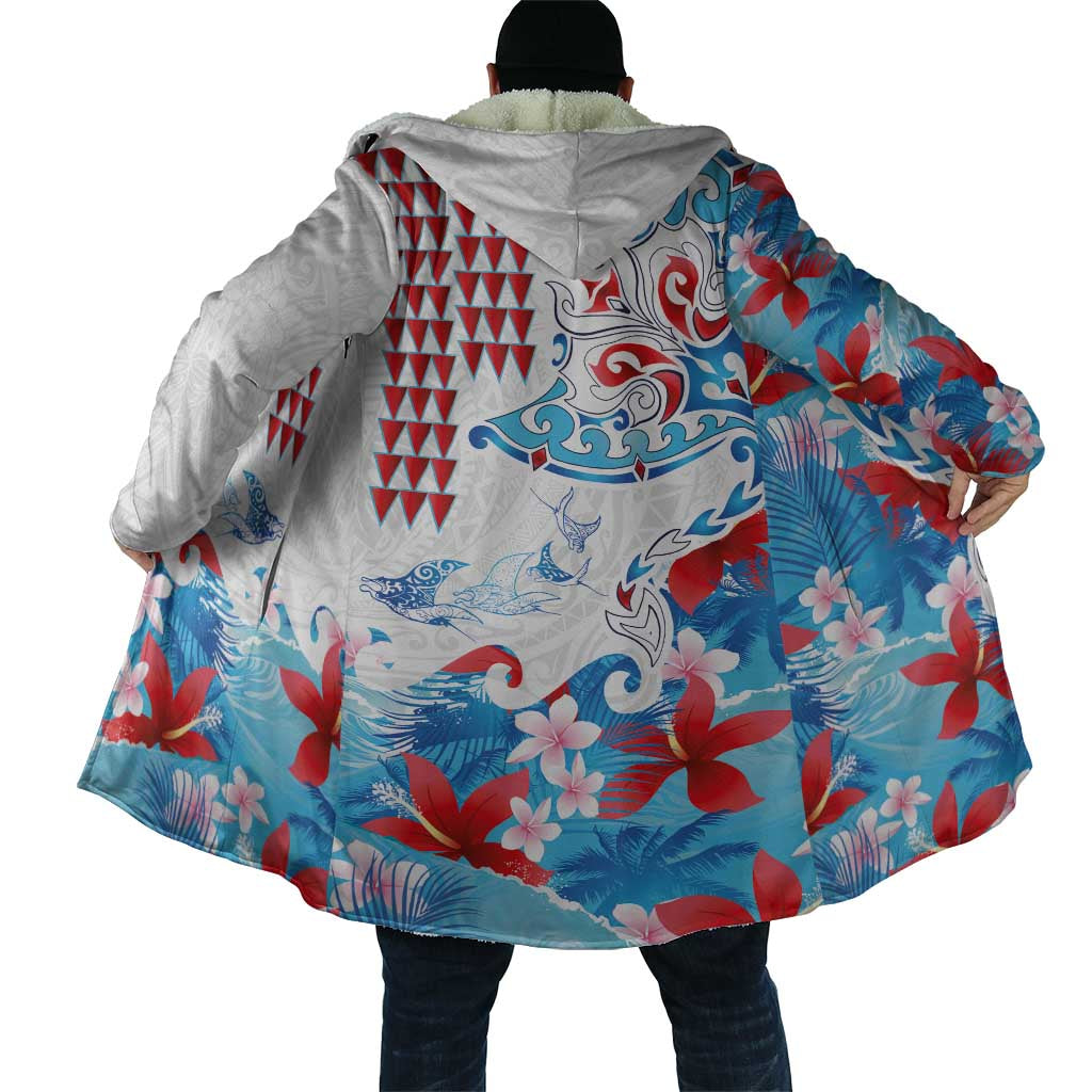 Hawaiian Tribal Manta Ray Cloak Kakau Tattoo and Flowers Surfing Waves Pattern Ocean Color LT03 - Polynesian Pride