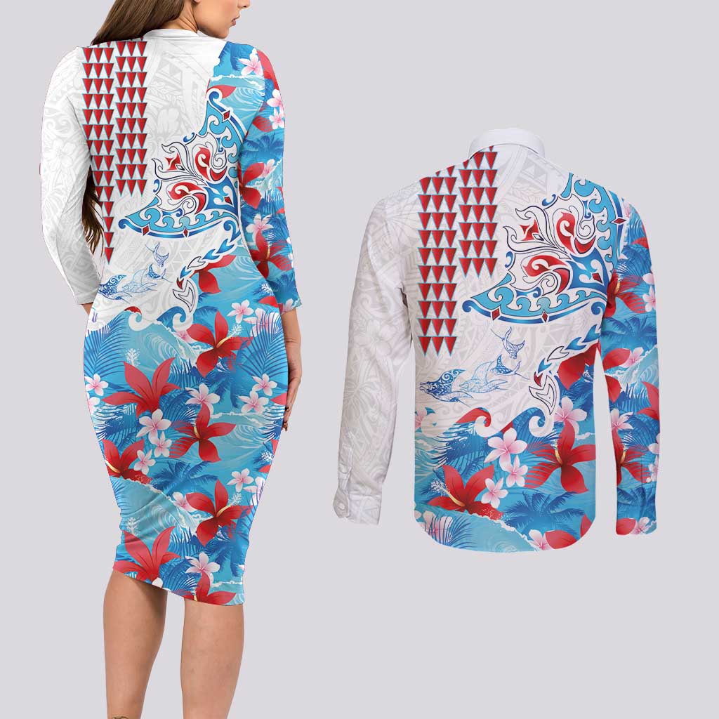 Hawaiian Tribal Manta Ray Couples Matching Long Sleeve Bodycon Dress and Long Sleeve Button Shirt Kakau Tattoo and Flowers Surfing Waves Pattern Ocean Color