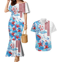Hawaiian Tribal Manta Ray Couples Matching Mermaid Dress and Hawaiian Shirt Kakau Tattoo and Flowers Surfing Waves Pattern Ocean Color