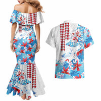 Hawaiian Tribal Manta Ray Couples Matching Mermaid Dress and Hawaiian Shirt Kakau Tattoo and Flowers Surfing Waves Pattern Ocean Color