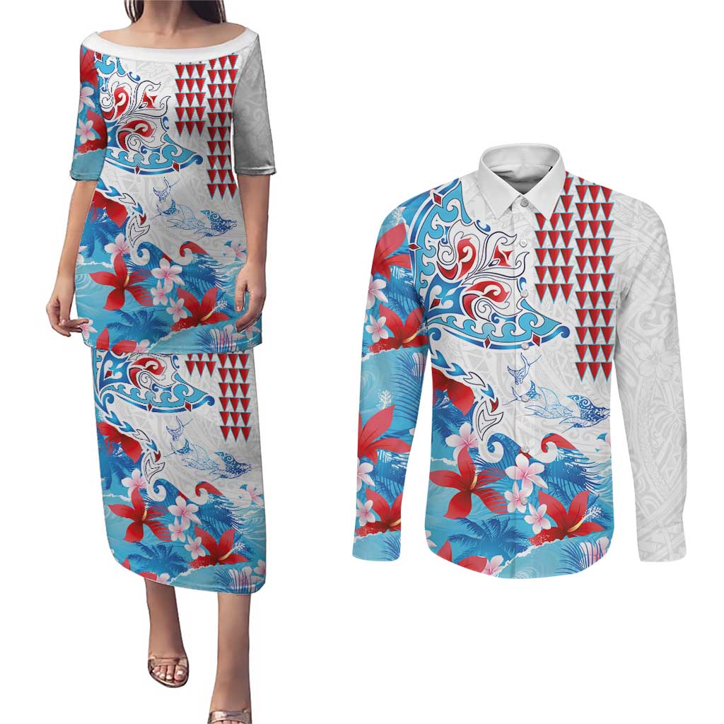 Hawaiian Tribal Manta Ray Couples Matching Puletasi and Long Sleeve Button Shirt Kakau Tattoo and Flowers Surfing Waves Pattern Ocean Color