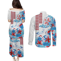 Hawaiian Tribal Manta Ray Couples Matching Puletasi and Long Sleeve Button Shirt Kakau Tattoo and Flowers Surfing Waves Pattern Ocean Color