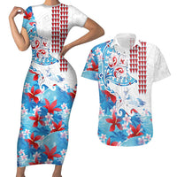 Hawaiian Tribal Manta Ray Couples Matching Short Sleeve Bodycon Dress and Hawaiian Shirt Kakau Tattoo and Flowers Surfing Waves Pattern Ocean Color