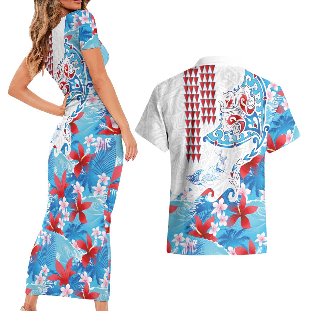Hawaiian Tribal Manta Ray Couples Matching Short Sleeve Bodycon Dress and Hawaiian Shirt Kakau Tattoo and Flowers Surfing Waves Pattern Ocean Color