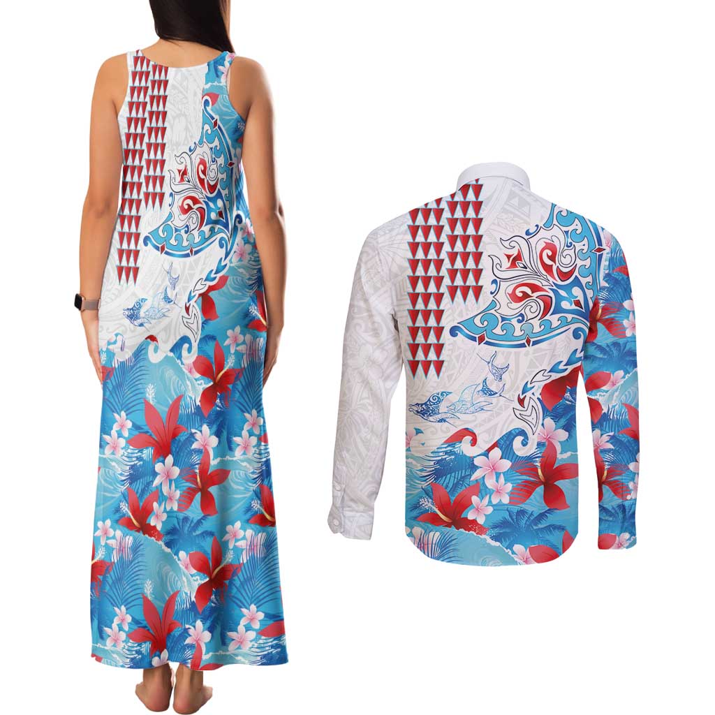 Hawaiian Tribal Manta Ray Couples Matching Tank Maxi Dress and Long Sleeve Button Shirt Kakau Tattoo and Flowers Surfing Waves Pattern Ocean Color