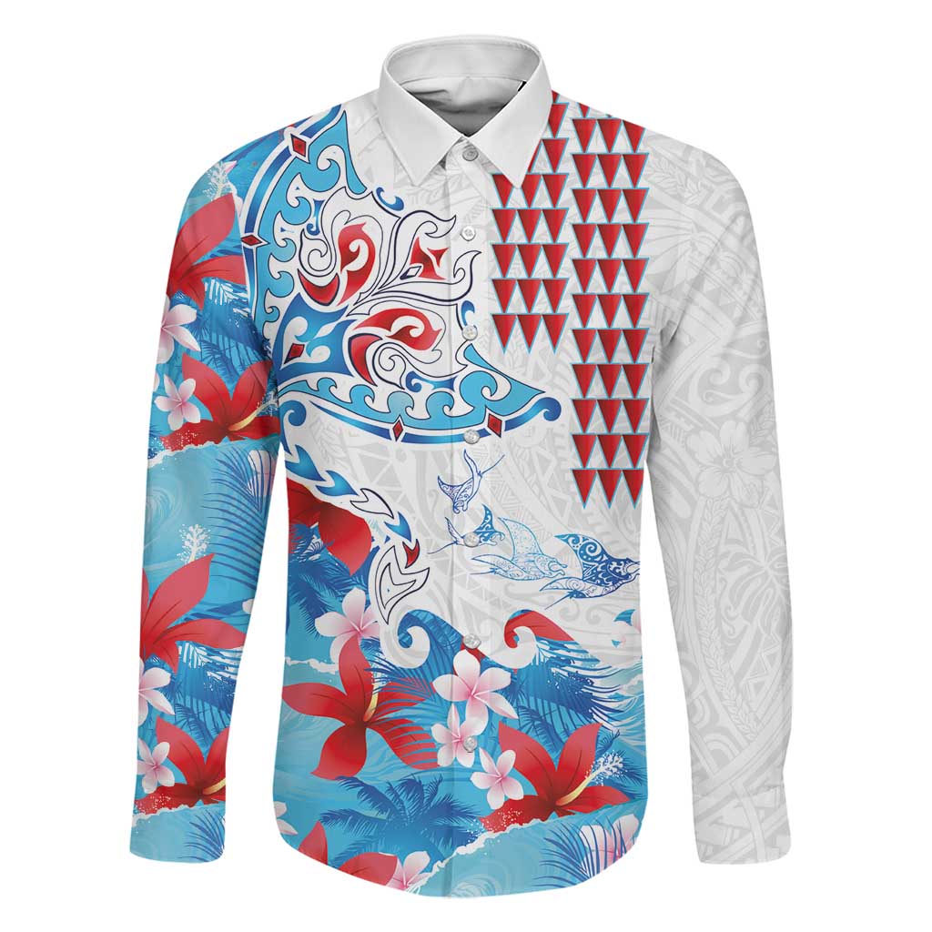Hawaiian Tribal Manta Ray Family Matching Long Sleeve Bodycon Dress and Hawaiian Shirt Kakau Tattoo and Flowers Surfing Waves Pattern Ocean Color