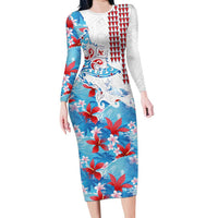 Hawaiian Tribal Manta Ray Family Matching Long Sleeve Bodycon Dress and Hawaiian Shirt Kakau Tattoo and Flowers Surfing Waves Pattern Ocean Color