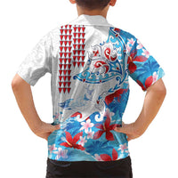 Hawaiian Tribal Manta Ray Family Matching Off The Shoulder Long Sleeve Dress and Hawaiian Shirt Kakau Tattoo and Flowers Surfing Waves Pattern Ocean Color