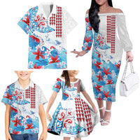 Hawaiian Tribal Manta Ray Family Matching Off The Shoulder Long Sleeve Dress and Hawaiian Shirt Kakau Tattoo and Flowers Surfing Waves Pattern Ocean Color