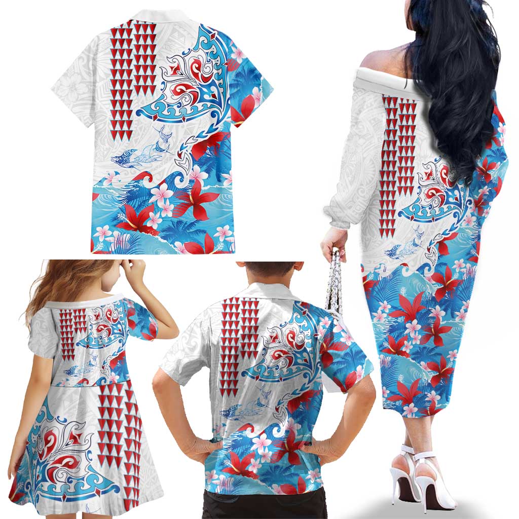 Hawaiian Tribal Manta Ray Family Matching Off The Shoulder Long Sleeve Dress and Hawaiian Shirt Kakau Tattoo and Flowers Surfing Waves Pattern Ocean Color