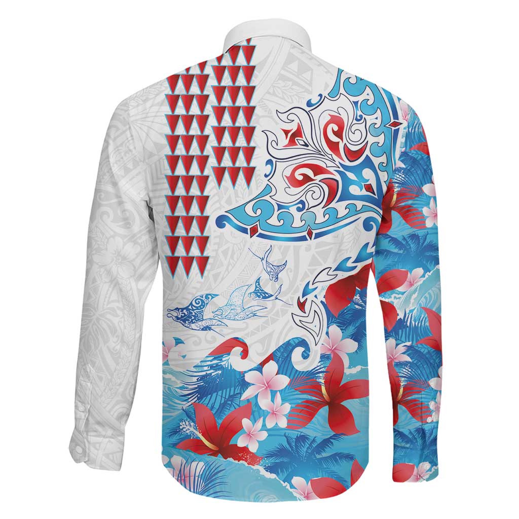 Hawaiian Tribal Manta Ray Family Matching Off The Shoulder Long Sleeve Dress and Hawaiian Shirt Kakau Tattoo and Flowers Surfing Waves Pattern Ocean Color