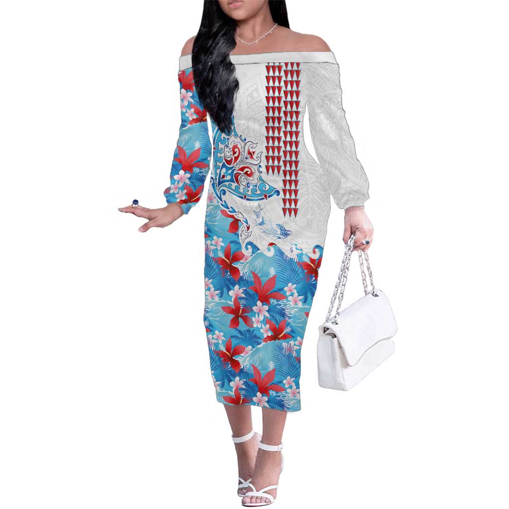 Hawaiian Tribal Manta Ray Family Matching Off The Shoulder Long Sleeve Dress and Hawaiian Shirt Kakau Tattoo and Flowers Surfing Waves Pattern Ocean Color