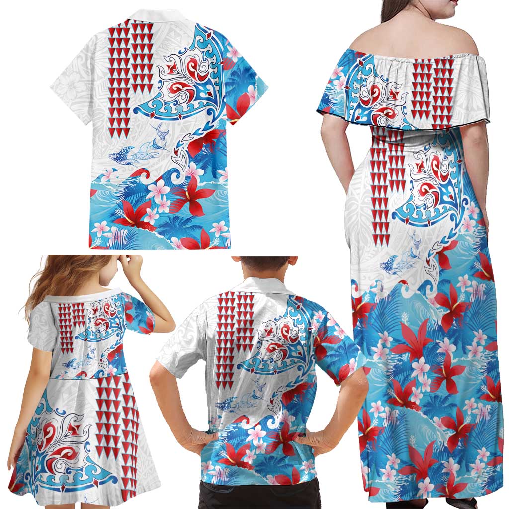 Hawaiian Tribal Manta Ray Family Matching Off Shoulder Maxi Dress and Hawaiian Shirt Kakau Tattoo and Flowers Surfing Waves Pattern Ocean Color
