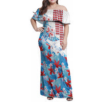 Hawaiian Tribal Manta Ray Family Matching Off Shoulder Maxi Dress and Hawaiian Shirt Kakau Tattoo and Flowers Surfing Waves Pattern Ocean Color