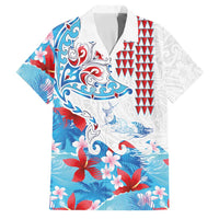 Hawaiian Tribal Manta Ray Family Matching Off Shoulder Short Dress and Hawaiian Shirt Kakau Tattoo and Flowers Surfing Waves Pattern Ocean Color