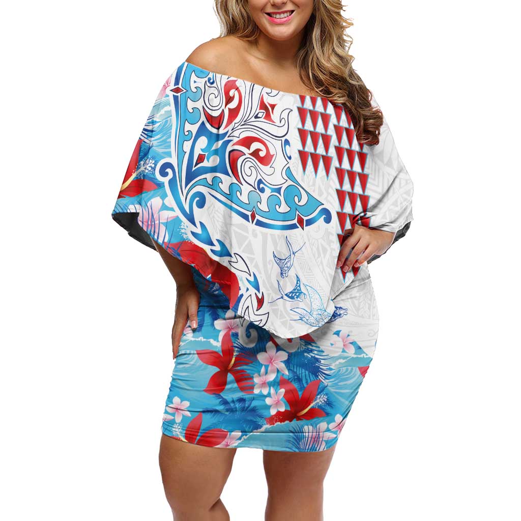 Hawaiian Tribal Manta Ray Family Matching Off Shoulder Short Dress and Hawaiian Shirt Kakau Tattoo and Flowers Surfing Waves Pattern Ocean Color