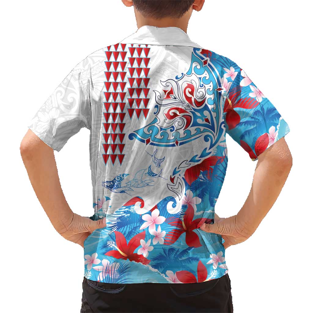 Hawaiian Tribal Manta Ray Family Matching Puletasi and Hawaiian Shirt Kakau Tattoo and Flowers Surfing Waves Pattern Ocean Color