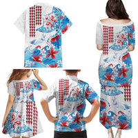 Hawaiian Tribal Manta Ray Family Matching Puletasi and Hawaiian Shirt Kakau Tattoo and Flowers Surfing Waves Pattern Ocean Color