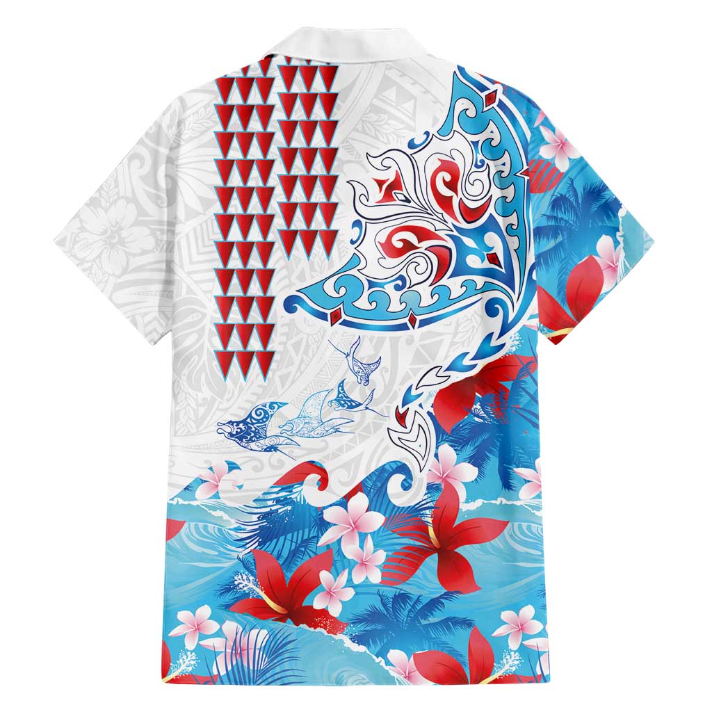 Hawaiian Tribal Manta Ray Family Matching Puletasi and Hawaiian Shirt Kakau Tattoo and Flowers Surfing Waves Pattern Ocean Color