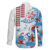 Hawaiian Tribal Manta Ray Family Matching Puletasi and Hawaiian Shirt Kakau Tattoo and Flowers Surfing Waves Pattern Ocean Color
