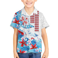 Hawaiian Tribal Manta Ray Family Matching Puletasi and Hawaiian Shirt Kakau Tattoo and Flowers Surfing Waves Pattern Ocean Color