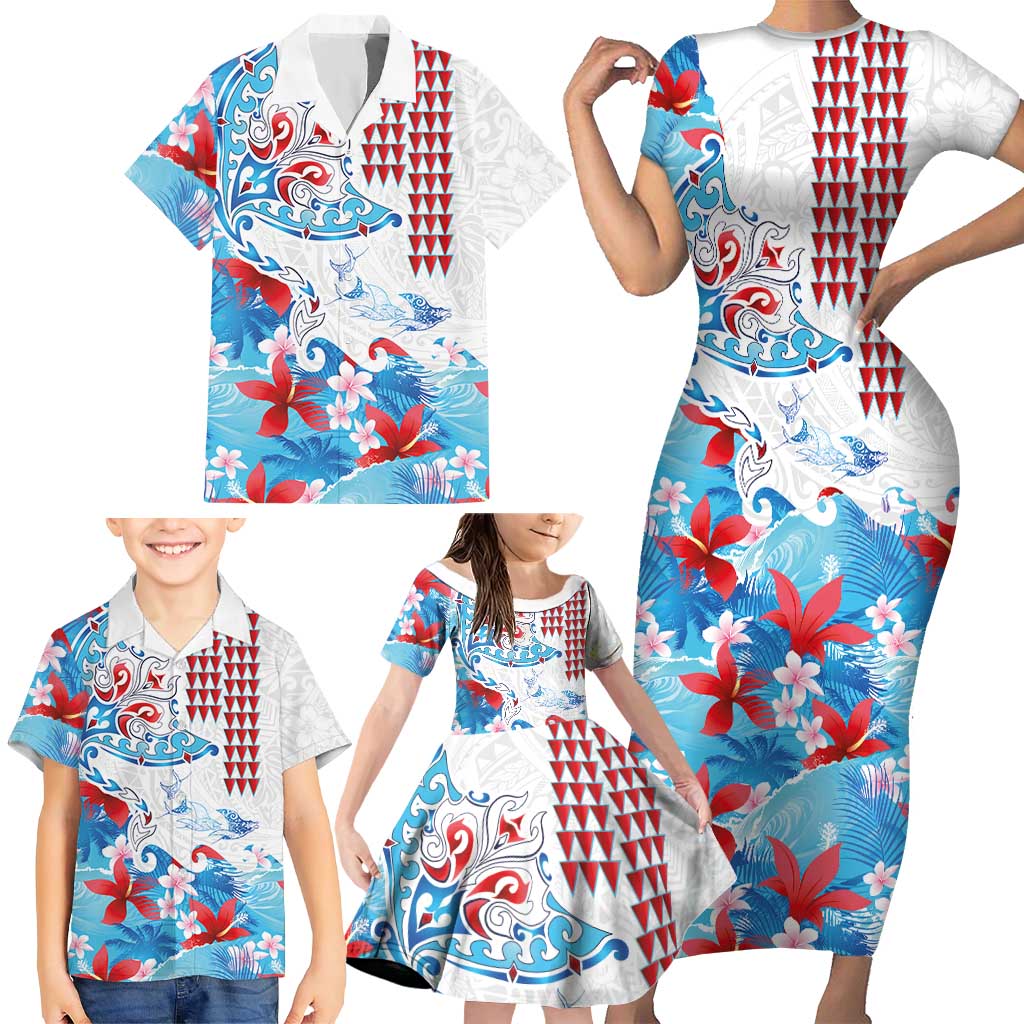 Hawaiian Tribal Manta Ray Family Matching Short Sleeve Bodycon Dress and Hawaiian Shirt Kakau Tattoo and Flowers Surfing Waves Pattern Ocean Color