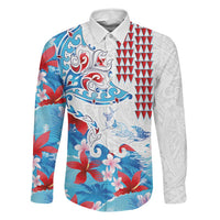 Hawaiian Tribal Manta Ray Family Matching Short Sleeve Bodycon Dress and Hawaiian Shirt Kakau Tattoo and Flowers Surfing Waves Pattern Ocean Color