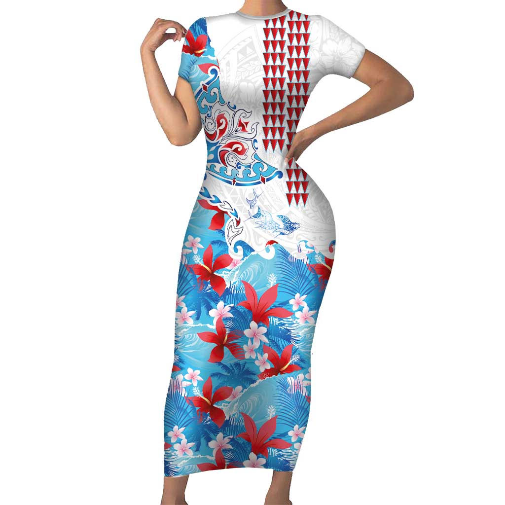 Hawaiian Tribal Manta Ray Family Matching Short Sleeve Bodycon Dress and Hawaiian Shirt Kakau Tattoo and Flowers Surfing Waves Pattern Ocean Color