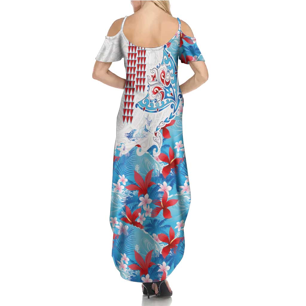 Hawaiian Tribal Manta Ray Family Matching Summer Maxi Dress and Hawaiian Shirt Kakau Tattoo and Flowers Surfing Waves Pattern Ocean Color