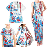 Hawaiian Tribal Manta Ray Family Matching Tank Maxi Dress and Hawaiian Shirt Kakau Tattoo and Flowers Surfing Waves Pattern Ocean Color