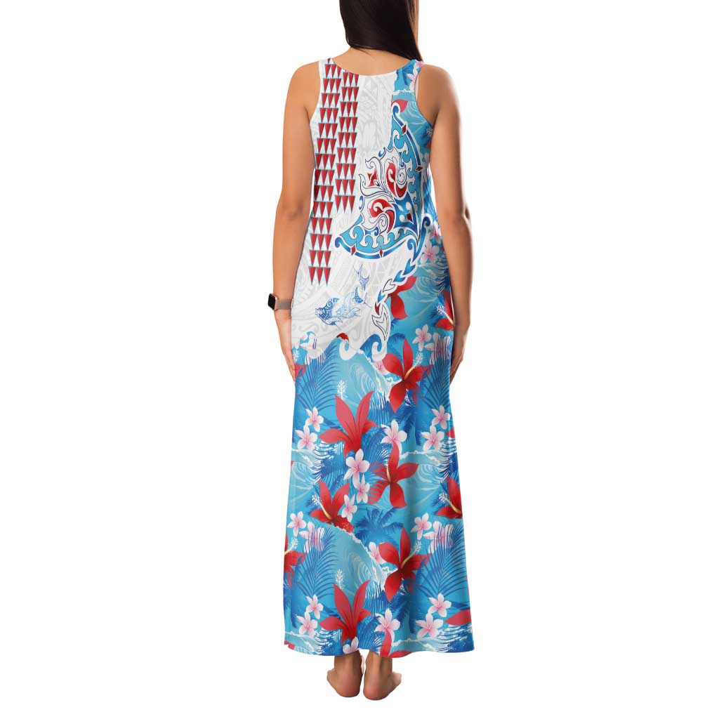 Hawaiian Tribal Manta Ray Family Matching Tank Maxi Dress and Hawaiian Shirt Kakau Tattoo and Flowers Surfing Waves Pattern Ocean Color